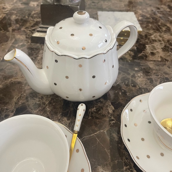 7pc white & gold polkadot Teapot, spoons, Cup & Saucer boxed by Grace teaware - Picture 12 of 16